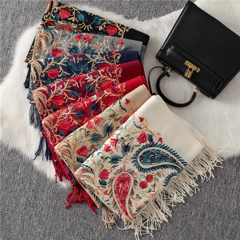 Women Foulard Elegant Embroidered Cashew Imitation Cashmere Winter Scarf Muslim Hijab Bandana Long Shawl Beautiful