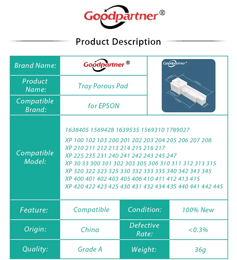 1X Tray Porous Pad for EPSON XP 100 102 103 200 201 202 203 204 205 206 207 208 210 211 212 213 214 215 216 217 225 235 231 240