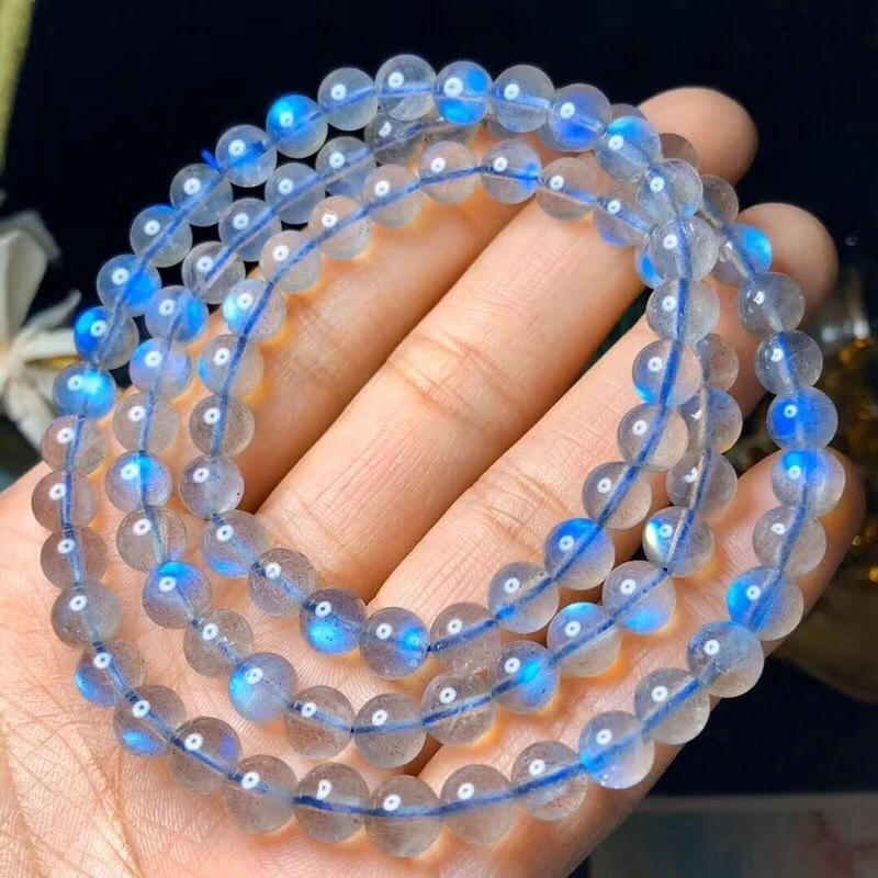 

Natural Labradorite Blue Light 3 Laps Bracelet 6mm Women Men Clear Round Beads Necklace Grey Moonstone Stone AAAAA