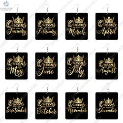SOMESOOR Black Queen Are Born In 12 Months Wooden Drop Earrings Golden Crown Printed African Dangle For Women Birthday Gifts