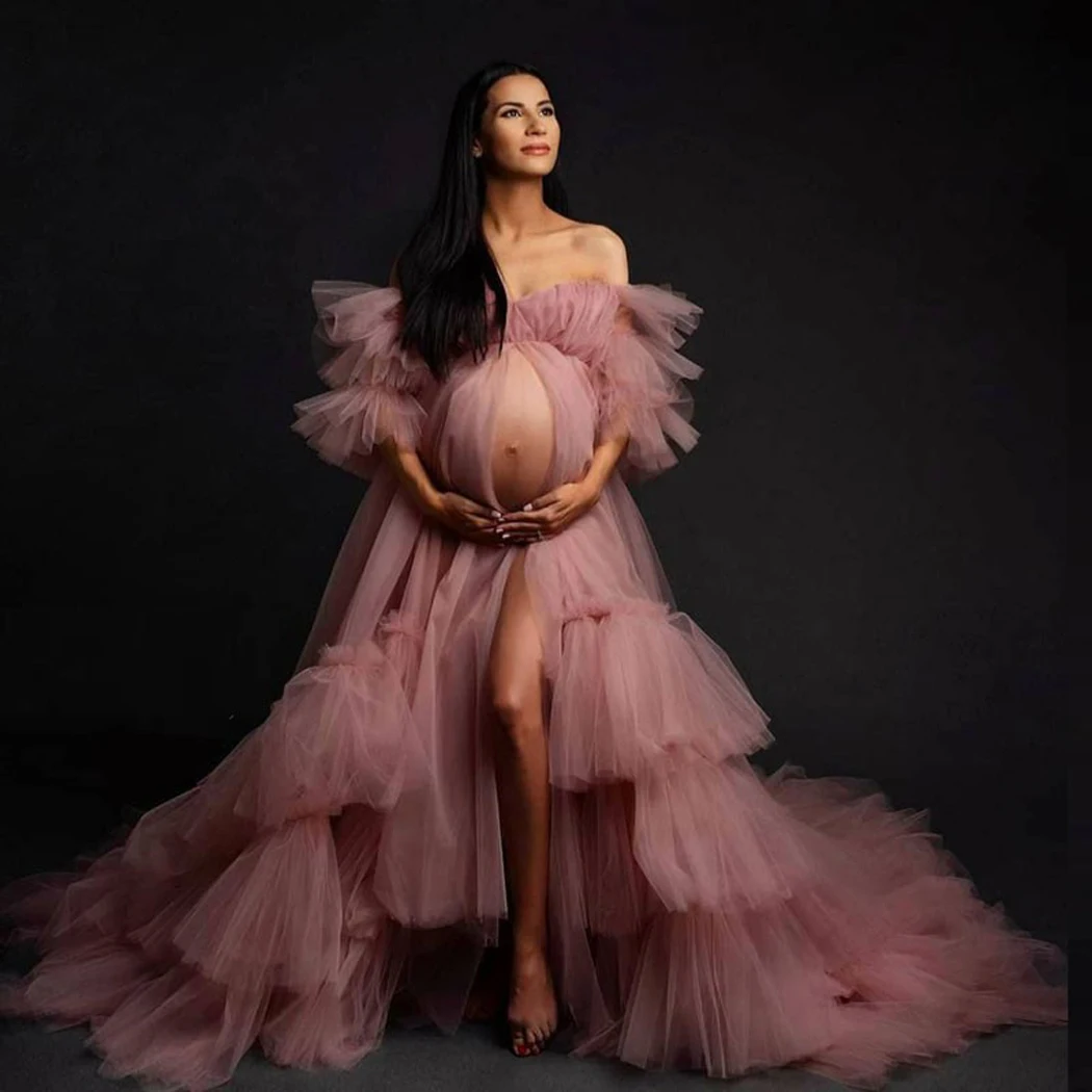 Pregnant Women Prom Dresses Sexy Off Shoulder Robes for Photo Shoot or Baby Shower Custom Made Maternity Robes Fluffy Robe