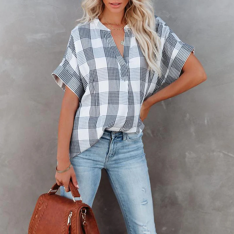 Rocwickline New Summer and Autumn Women's Shirt Casual Fashion Plaid V-Neck Elegant Slim Loose Draped Easy matching Formal Shirt