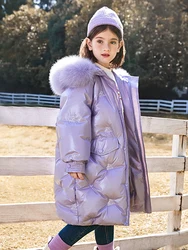 5-14 Years Girls Winter Down Coats 2022 New Fur Hooded Long Parkas Fashion Embroidery Thicken Warm Outwear Jacket