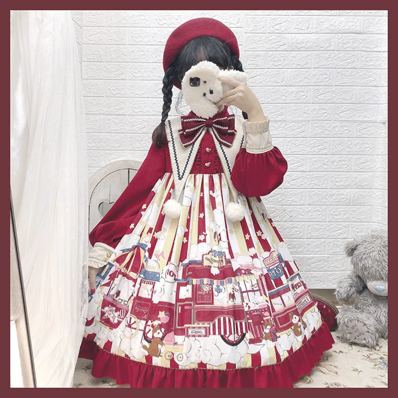 

Sweet princess lolita dress vintage falbala bowknot stand high waist cute printing victorian dress kawaii girl gothic lolita op