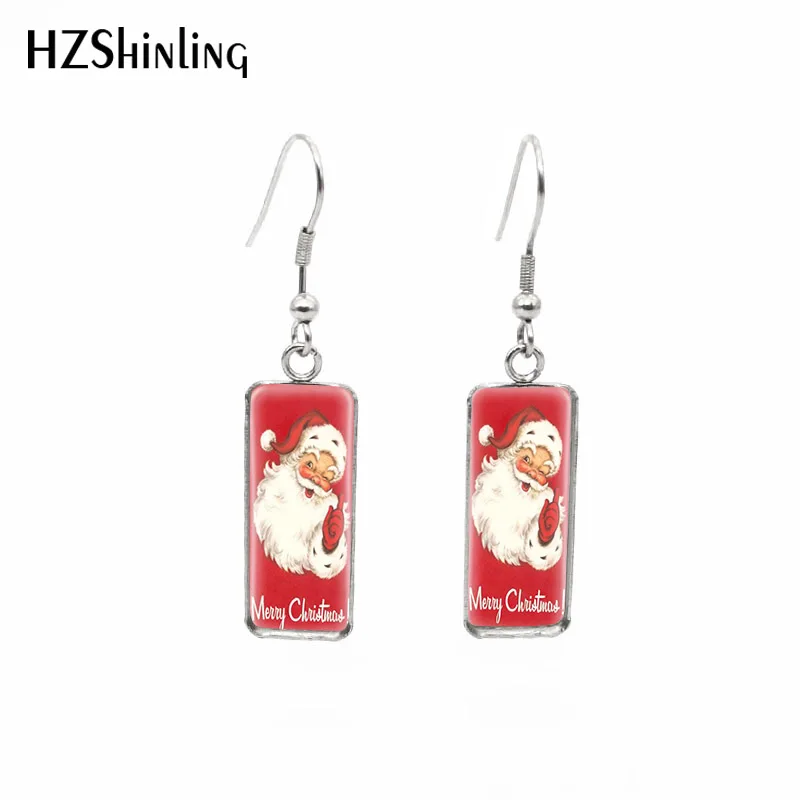 2020 New Merry Christmas Rectangular Earring Happy Santa Earrings Glass Cabochon Fish Hook Earring Jewelry Gifts Friends