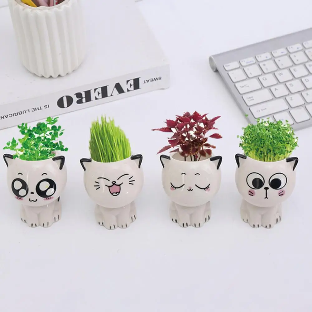 Mini Cat Shaped Ceramic Flowerpot Cartoon Cute Hand Desktop Potted Plant Pot Landscaping Decoration Desk Decorate Small Ornament