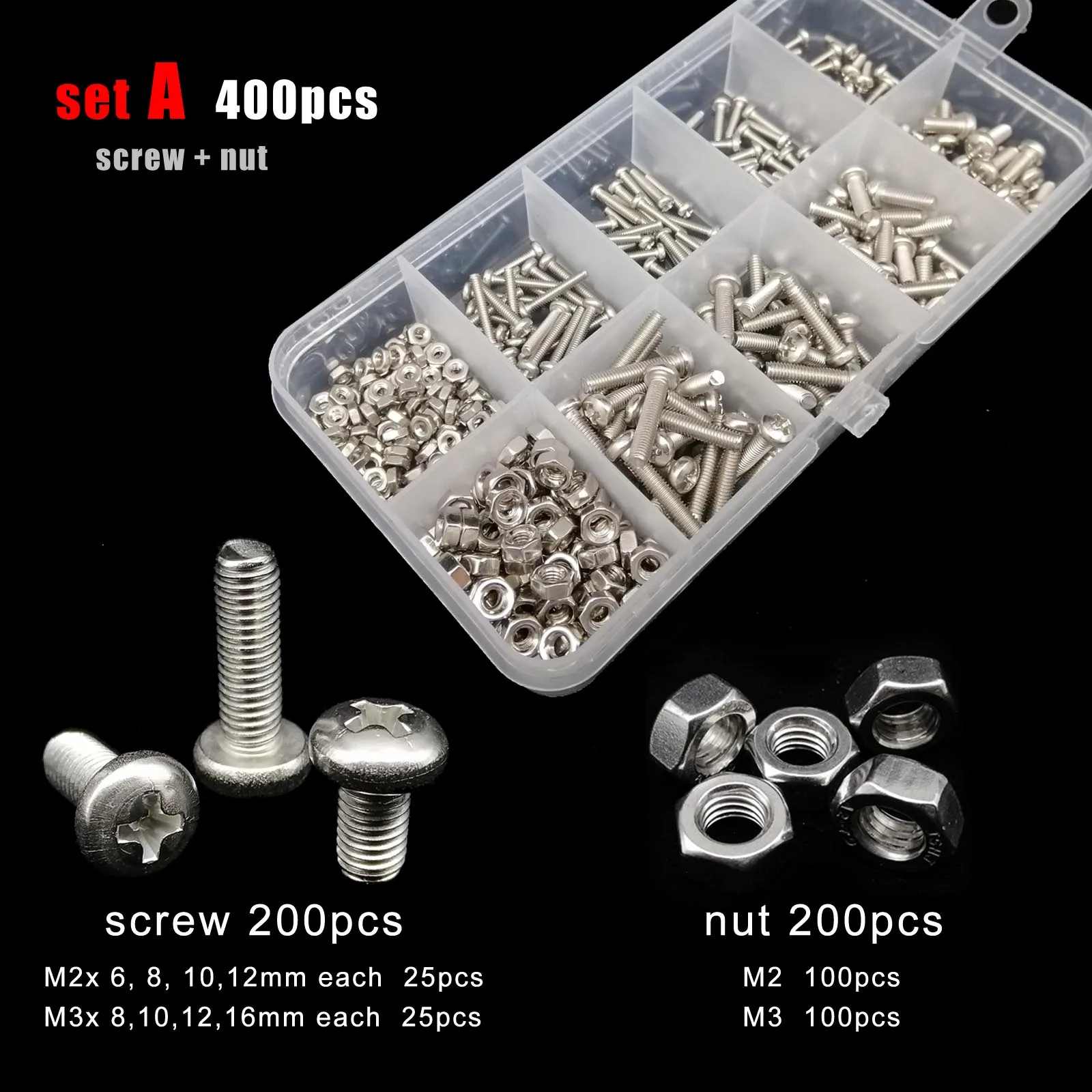 400/2100pc M1.6 M2 M2.5 M3 M4 M5 304 A2 Stainless Steel Mix Size Cross Phillips Pan Round Head Screw Bolt Nut Washer Set Kit Box