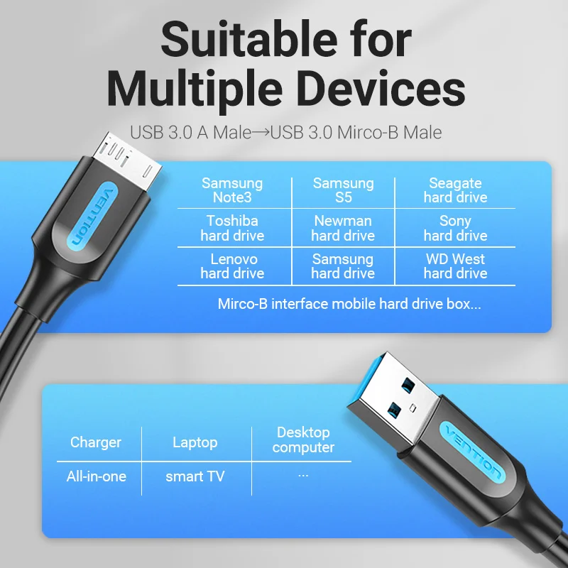 Vention kabel USB Micro B do typu A kabel Micro Transfer danych szybki przewód ładowarki do dysku twardego Samsung USB 3.0 Micro B przewód danych