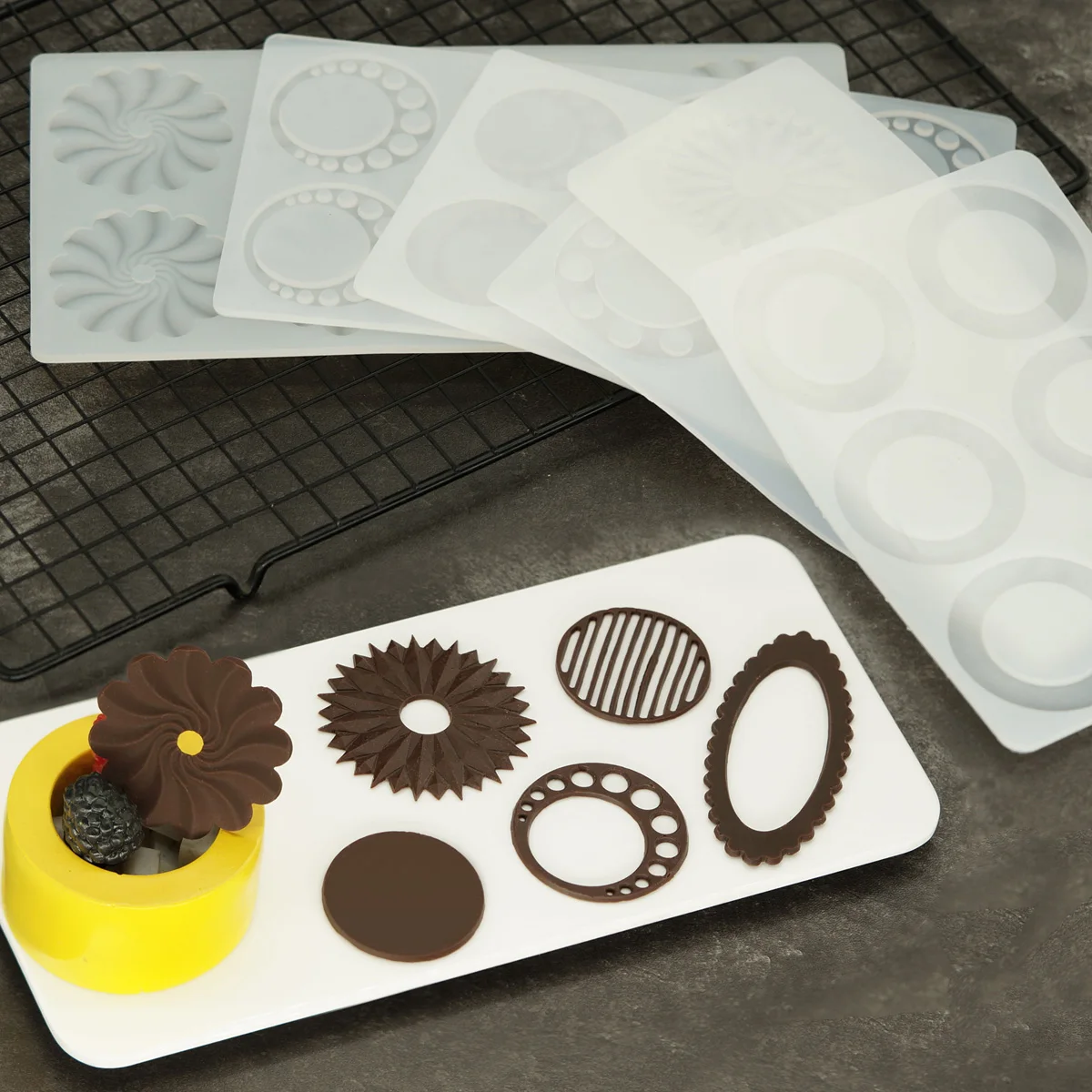 Hollow Out Round Shape Silicone Mold DIY Decorating Chocolate Stencil Circle Ring Oval Shaped Topper For Sundae Parfait