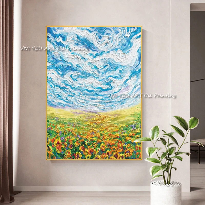 Vibrant Wildflower Field Canvas, Swirling Textured Sky, Hand‑Painted Vertical Art For Cheerful Nature‑Filled Living Space