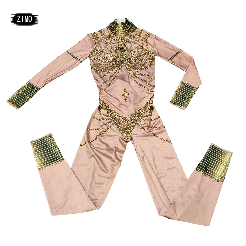 เซ็กซี่คลีโอพัตราทอง Rhinestone Nude Jumpsuit PARTY ชุดวันเกิดสําหรับผู้หญิงไนท์คลับคริสตัลเครื่องแต่งกายนักร้อง POLE Dance RAVE