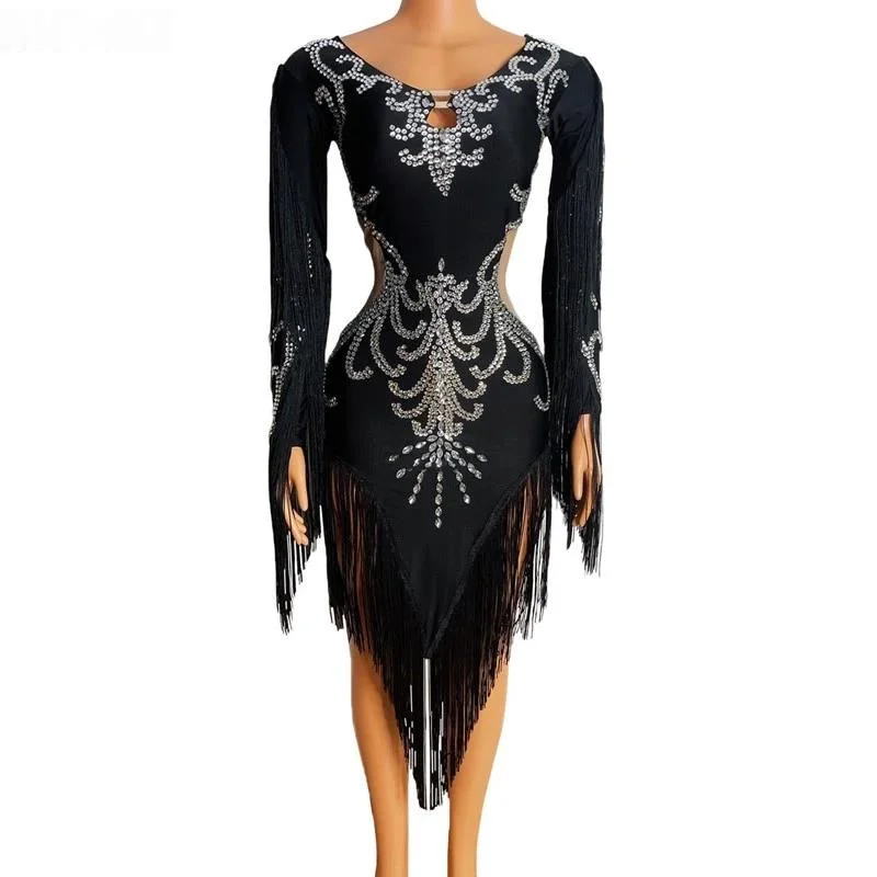 

Shining Rhinestones Fringes Dress Women Birthday Prom Celebrate Tassel Party Dress Female Performance Show Latin Dance Costume