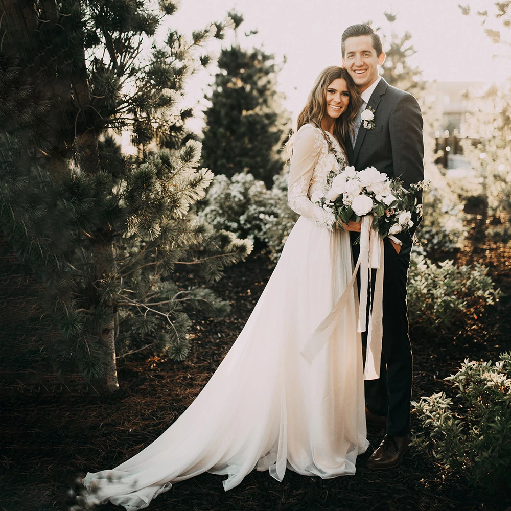 Robe de mariée en mousseline de soie, manches longues ajustées, col Bateau, rustique, Boho, Floral, dentelle, plage, ligne A, grandes tailles