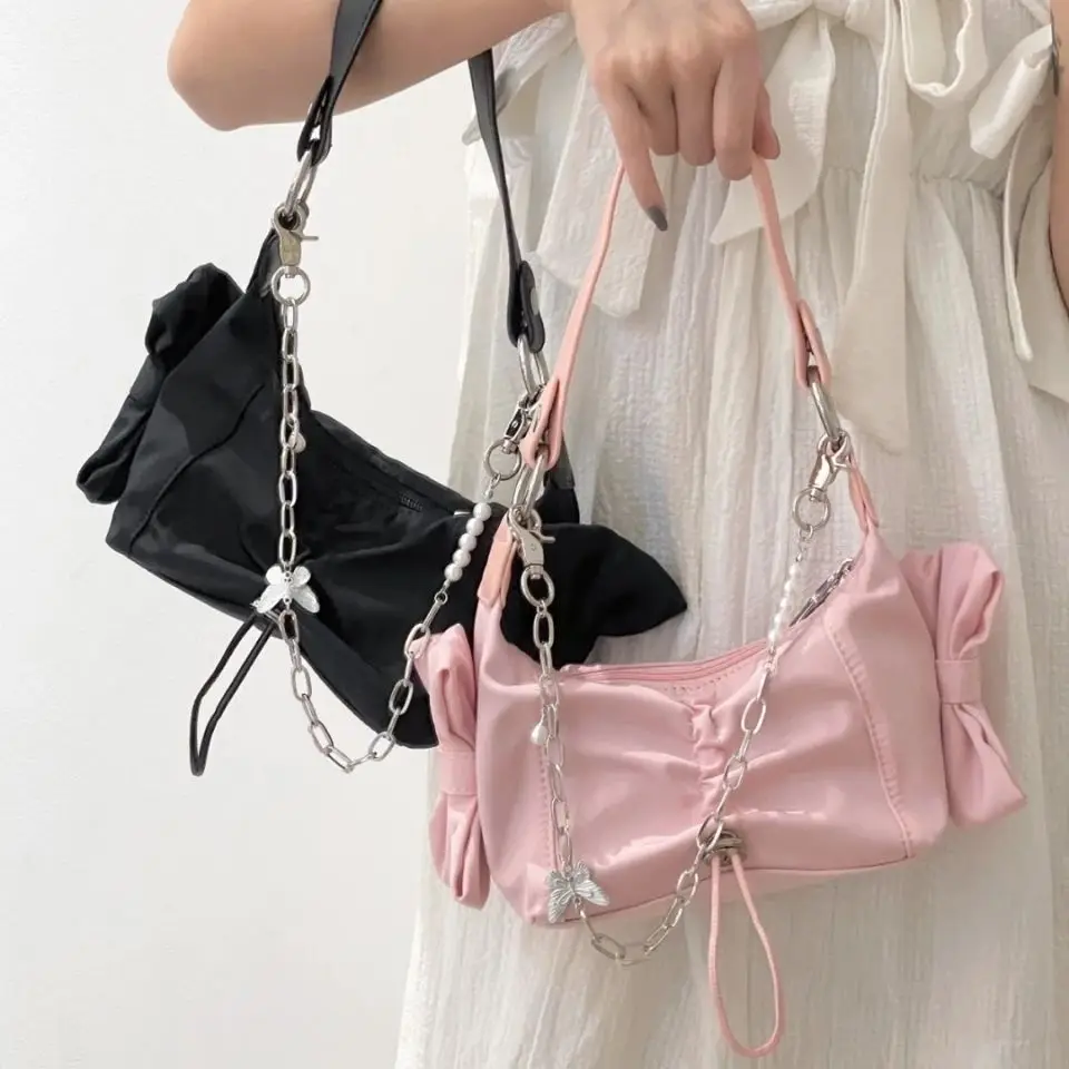 Bolso de nailon con solapa para niña, bandolera con cadena, suave, con cremallera, pequeño y fresco