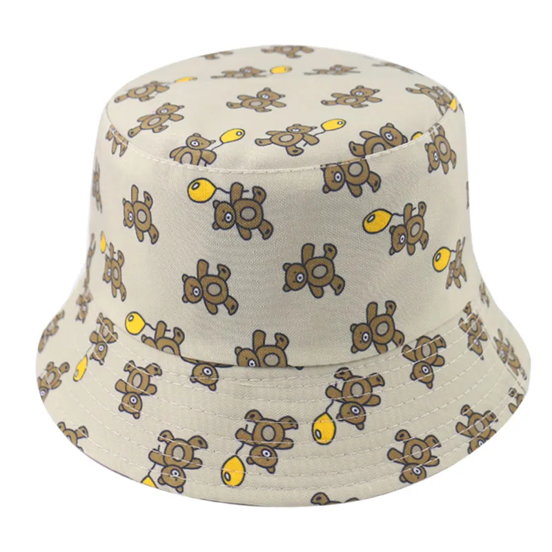 FOXMOTHER New Men Reversible Cartoon Bear Print Bucket Hats Women Fisherman Hats Cap Summer