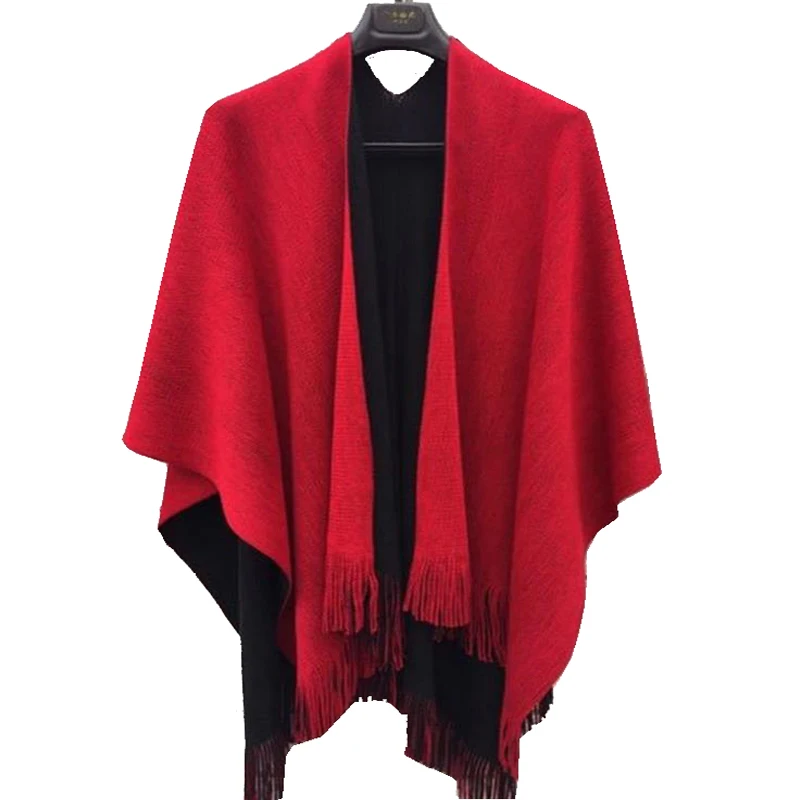 

2020 NEW Fashion Knitting shawls Double Side Colors Pashmina Sweater Tassel Solid Cloak Warm Women winter scarf Poncho