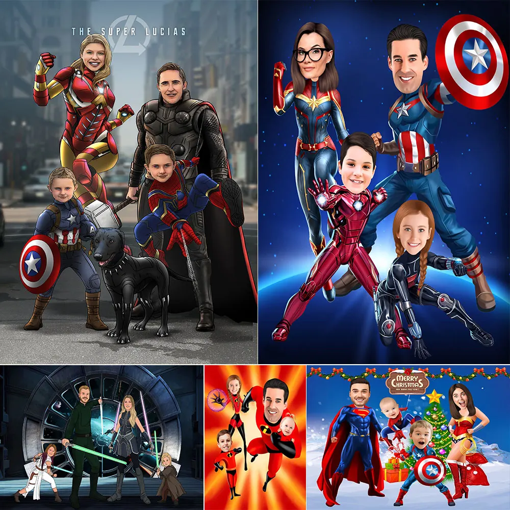 Turn Yourself Into Avengers Marvel Superhero Family 4 People Canvas Room Decoration Painting As A Gift Christmas New Year Decor