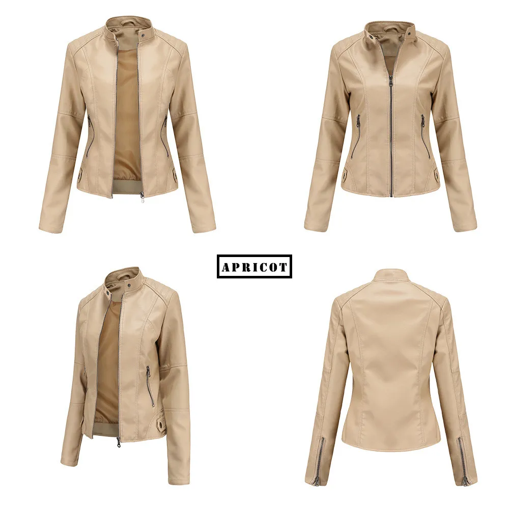 Women Leather Jacket Autumn Thin Ladies Motorcycle Jacket PU Leather Jacket Stand Collar Female Black Faux Leather Outwear