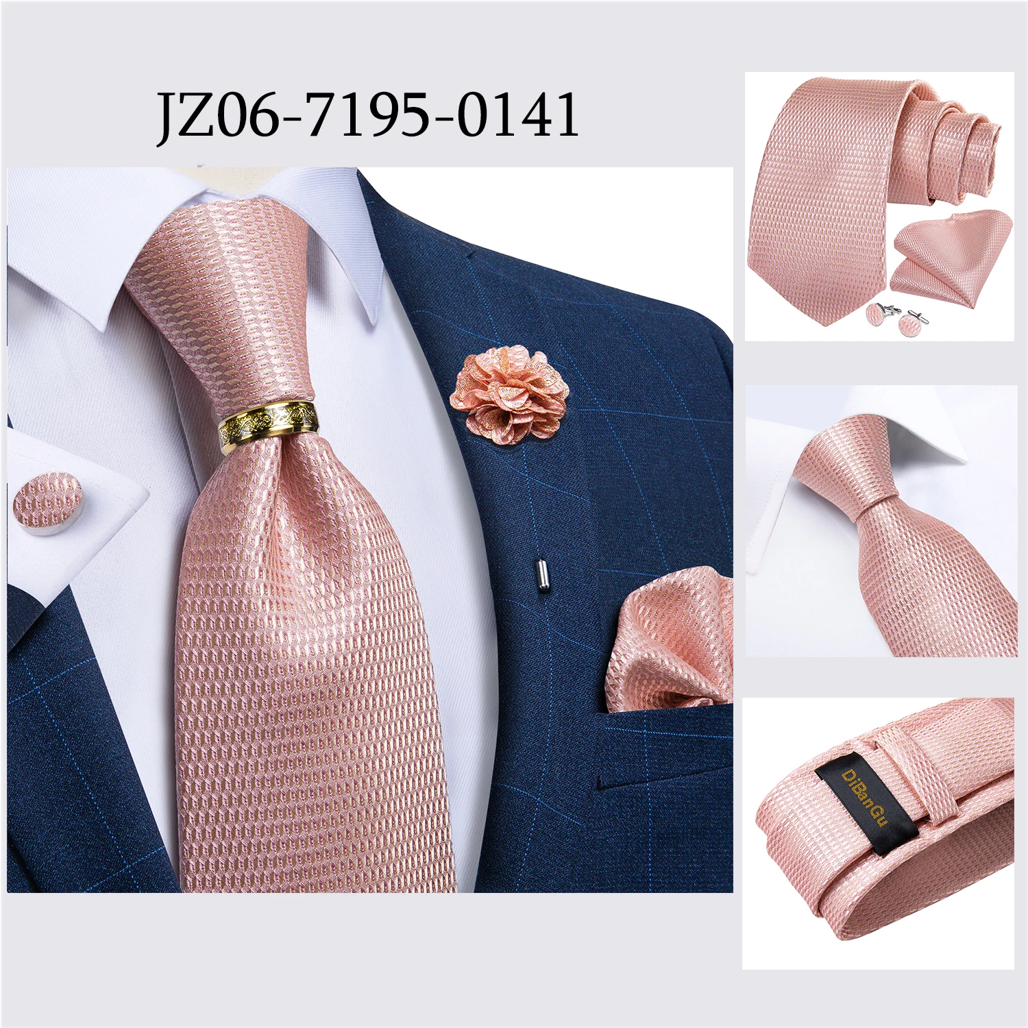 Handgefertigte Paisley-Blumen-Krawatte in Königsblau für Herren, klassische 8 cm breite gewebte Jacquard-Krawatte mit Einstecktuch, Manschettenknöpfen und Brosche – Detail 34