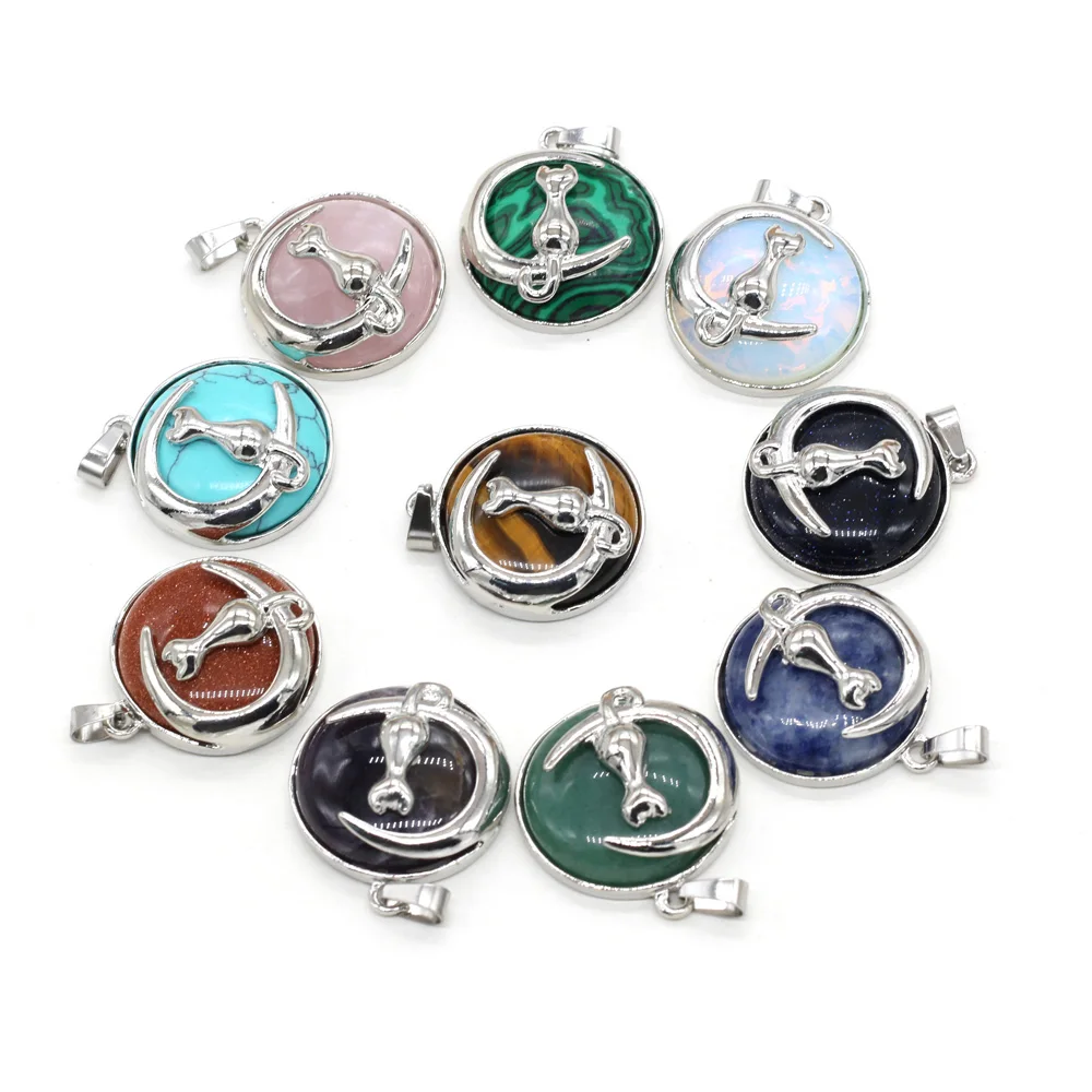 Natural Stone Crystal Turquoise Charms Cat Alloy Quartz Pendant for Making Jewelry DIY Necklace Bracelet Accessories 28x32mm