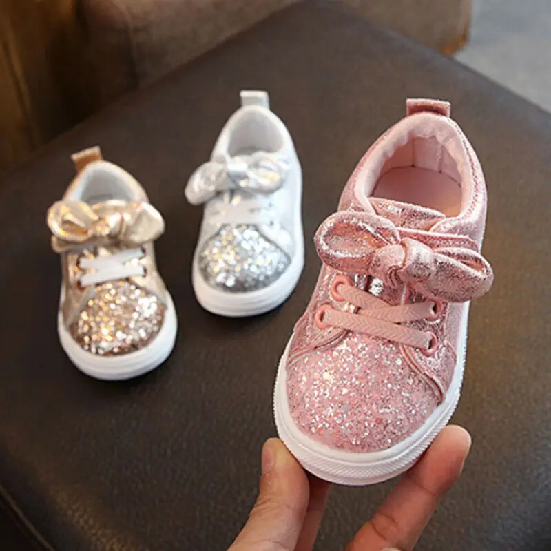 1-3 Years Baby Girls Shoes Girl Bow Sequin Shoe Trend Toddler Shoes Children Soft Sole Sport Shoes