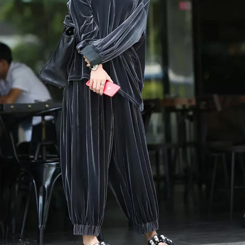 Two Piece Set Female 2023 Spring Autumn Female Gold Velvet Suit Women Fashion Loose Casual Sports Wide Leg Pants Ropa Mujer