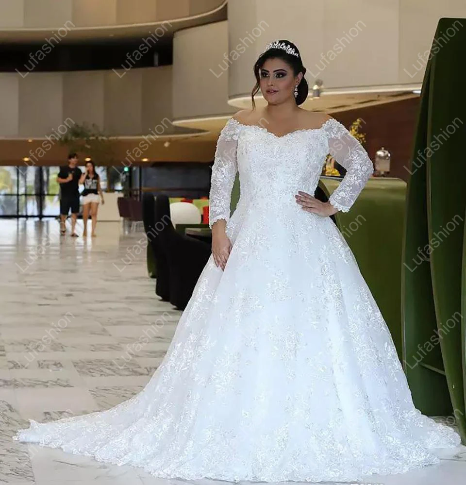 Personalizado mangas compridas rendas plus size beaed apliques fora do ombro trem varredura tulled uma linha qua vestidos de noiva vestido