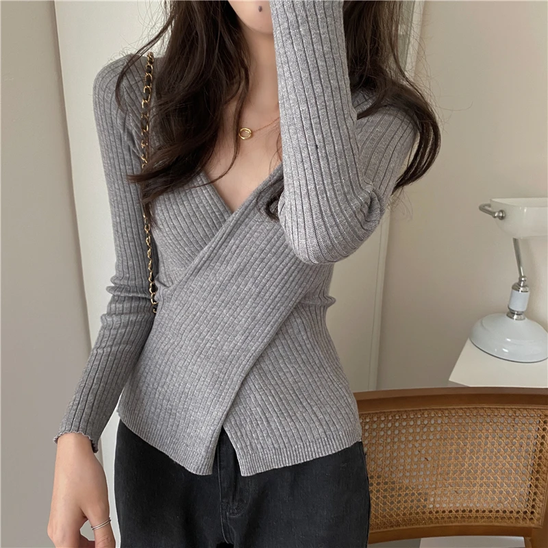 New Autumn Winter Women Rib-Knit Stretchable V Neck Crisscross Wrap Sweater Pull slim sexy Knitted Pullovers Y2k Jumper Tops