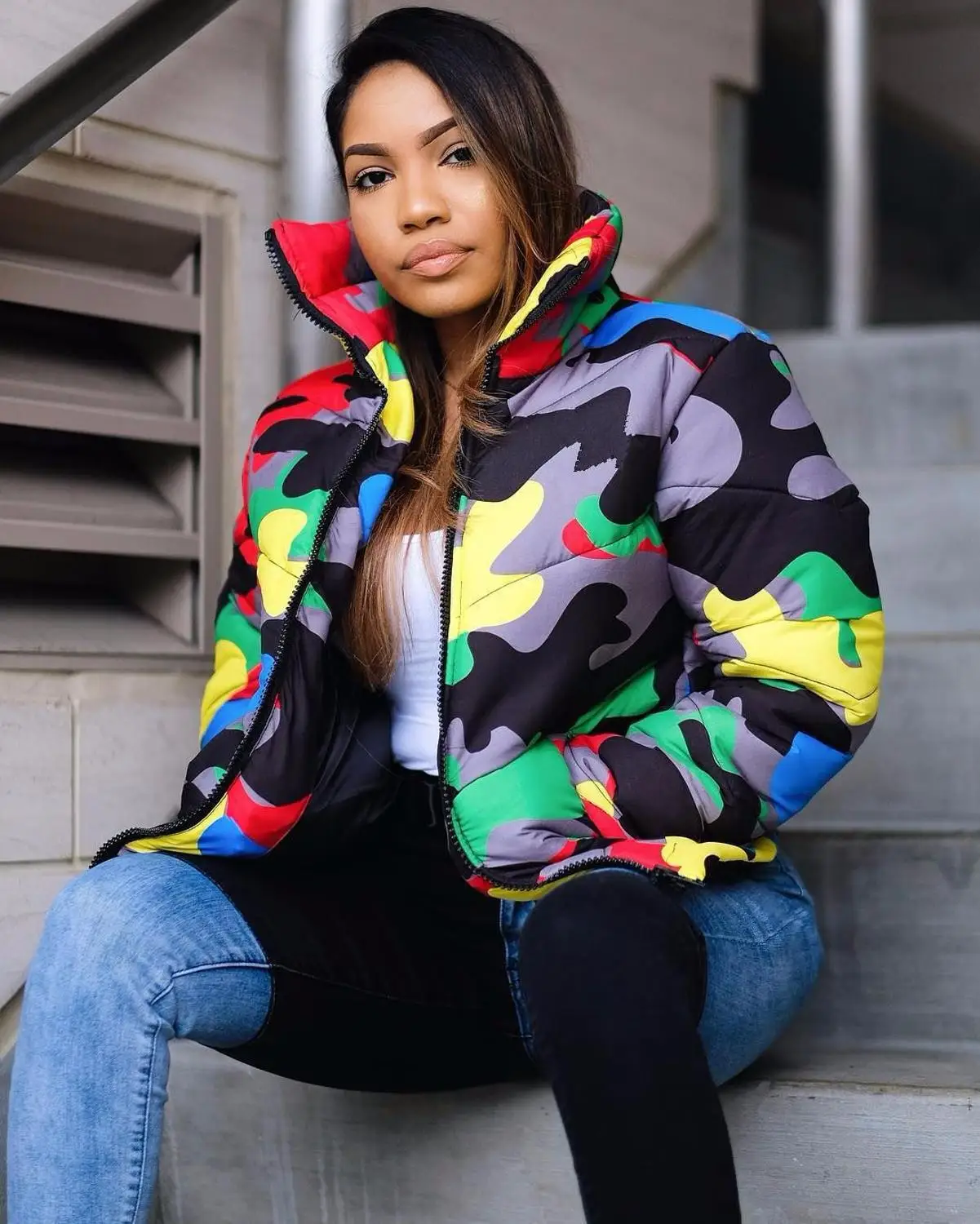 Parkas cortas con cuello alto para mujer, abrigo de manga larga con cremallera, estampado de camuflaje, chaqueta de calle para Club nocturno, Tops de invierno, 2022