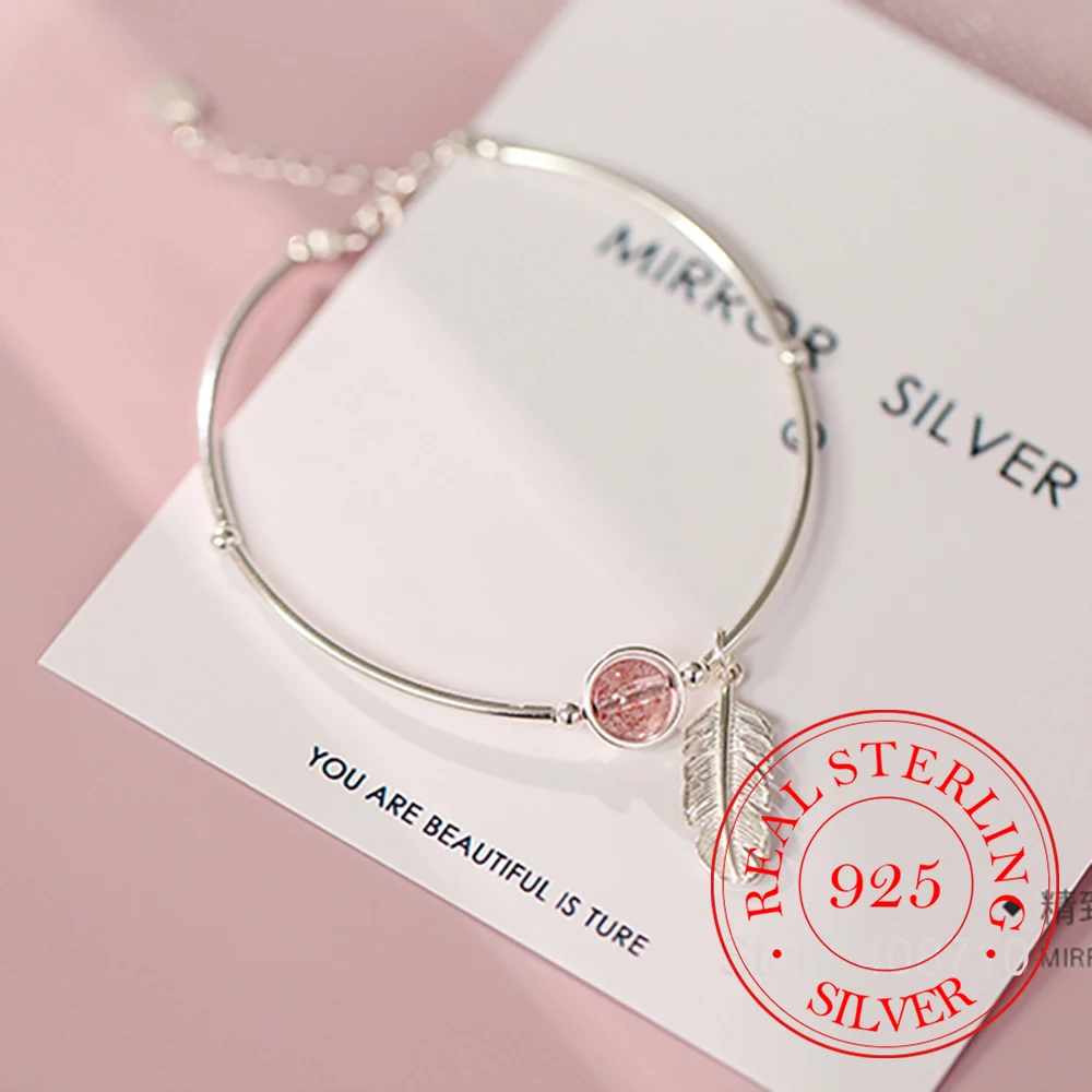 

925 Sterling Silver Crystal Round Bead Feather Charm Bracelet & Bangles Adjustable Braclets For Women Wedding Jewelry