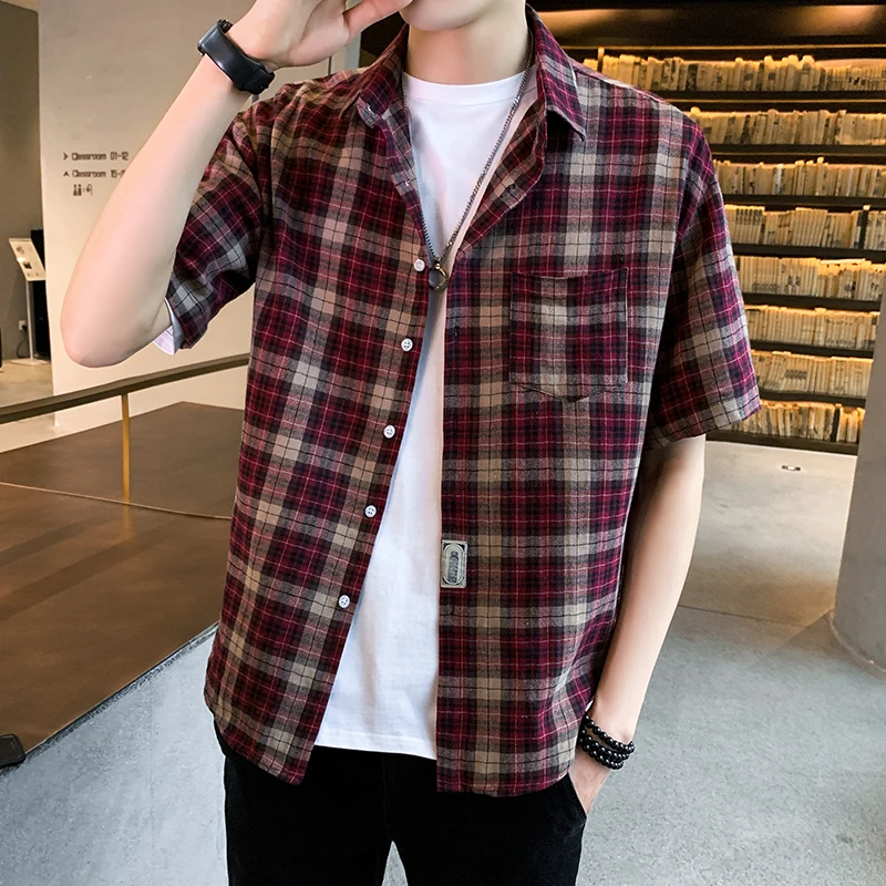 Branded Men\'s clothing Plaid Shirt 2021 New Spring Summer Men Casual Shirts Short Sleeve  Male Check Shirts for men Korean Shirt