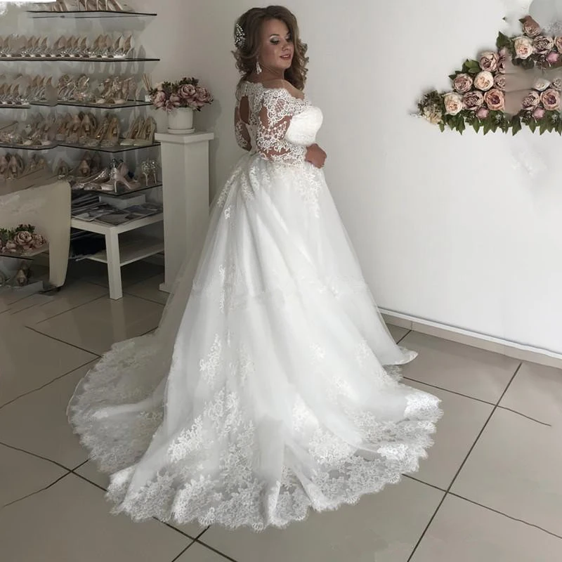 2021 billig Plus Größe Hochzeit Kleider Sheer Neck Langarm Appliques Illusion Schärpe Garten Land Brautkleider robe de mariee