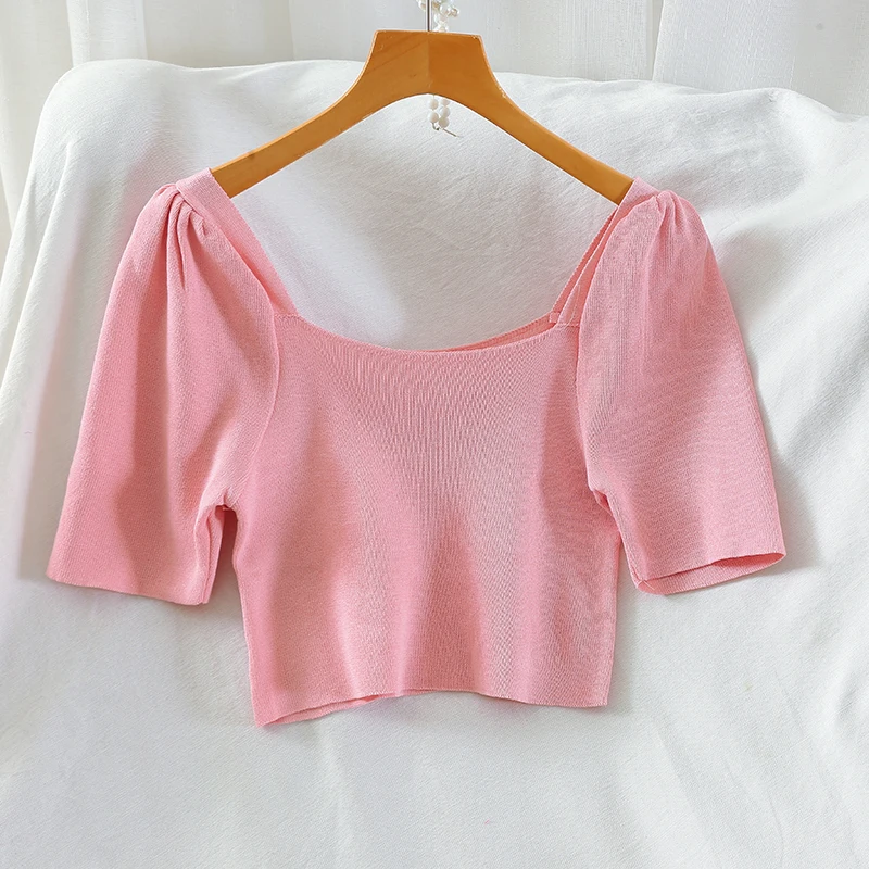 OUMEA Knitted Crop Tops Women Square Neck Puff Sleeve Plain Basic Knitted Short Tops Stretchy Skinny Going Out Bodycon Tops