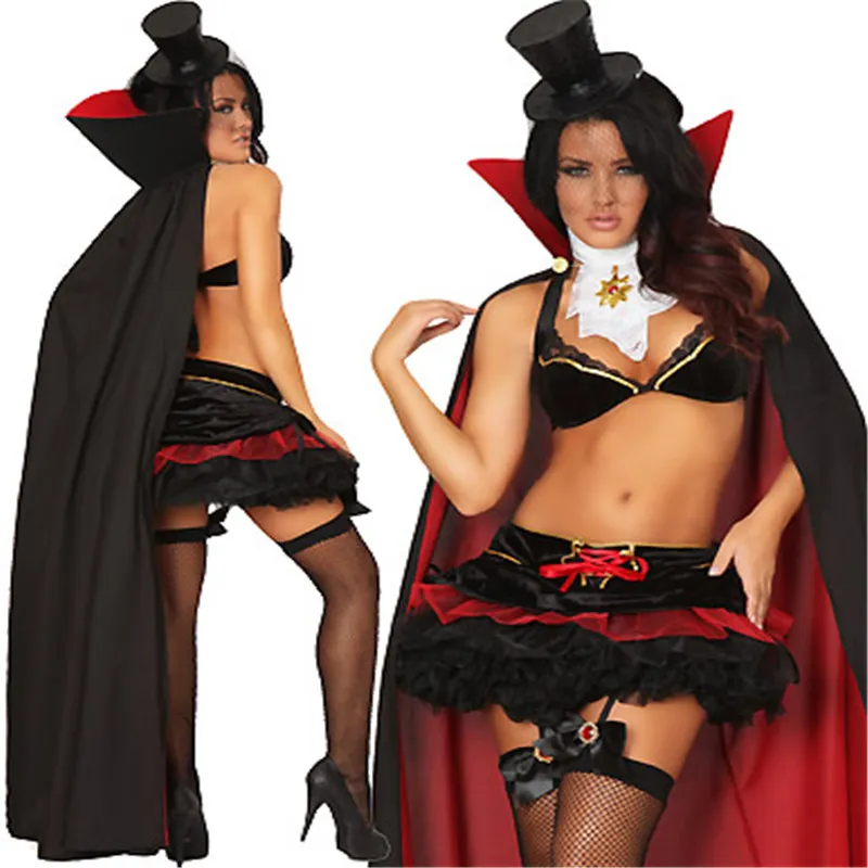 Sexy Women Anime Movie Vampire Demon Cosplay Costume Halloween Fancy Show Suit Ball Gown Dress Cloak Hat Bra Top Set Party Wear