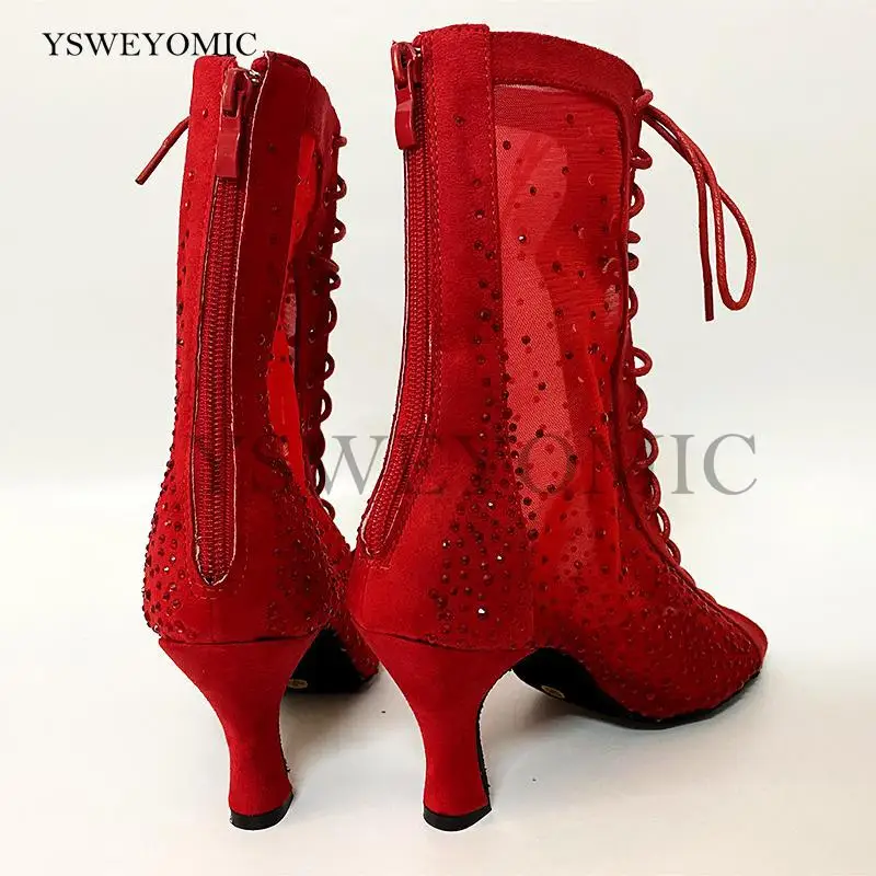 Red Rhinestones Dance Boots Strong Mesh Fashion Style Soft insole High Quality Practice Bachata Salsa Latin Dance Shoes Women