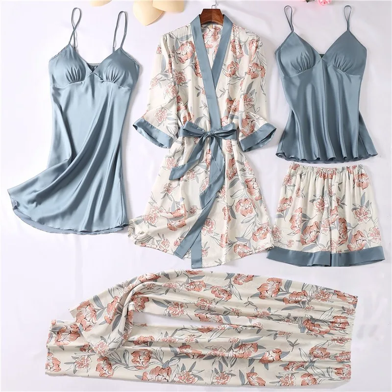 Women Robe Sets Sexy Sleepwear Satin Silky Nightwear Kimono Bathrobe Gown Print Flower Intimate Lingerie Loungewear