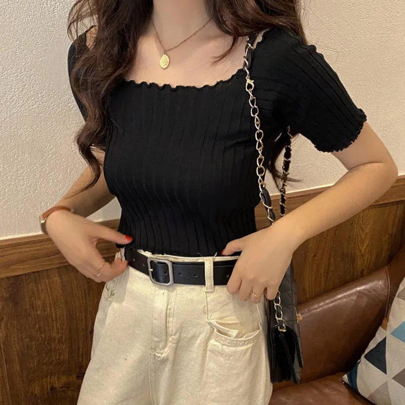 2022 Women Purple Off Shoulder Rib Crop Tops Y2k Summer Casual Skinny Ruffles Short Sleeve T-shirts Sexy Fashion Slim Tops Tees