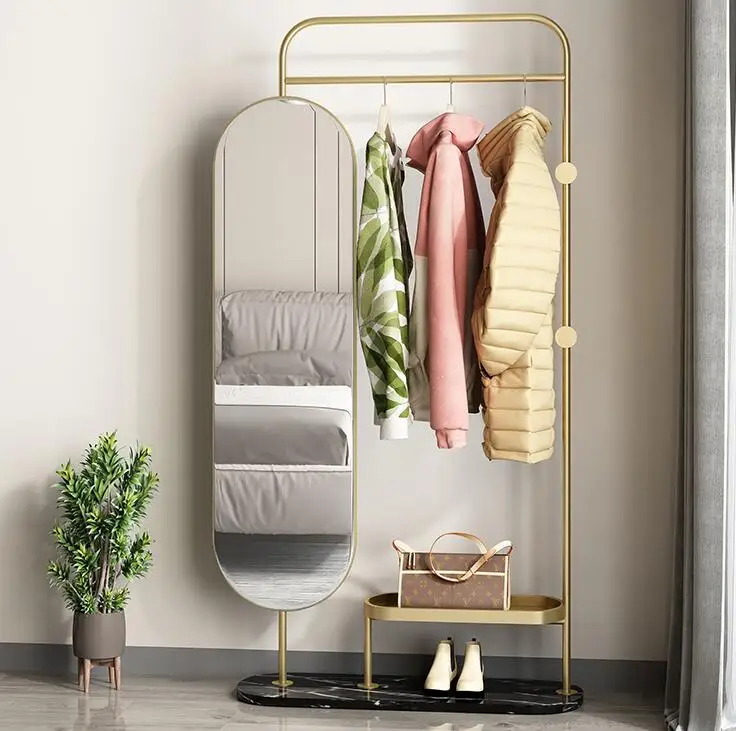 

Floor mounted rotating full body fitting mirror multifunctional clothes rack to store integrated marble household wearing mirror