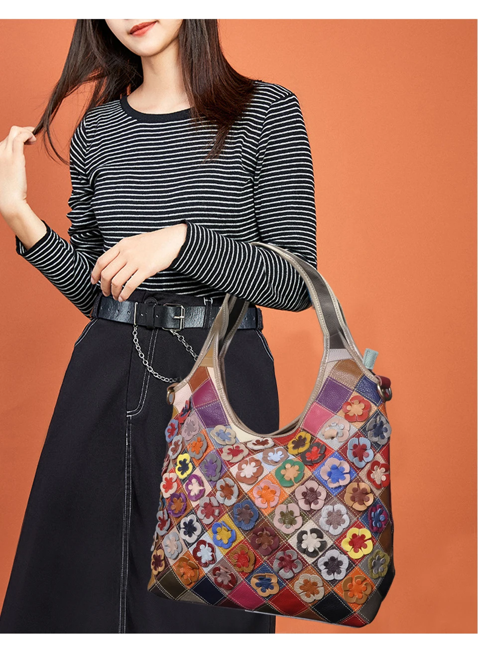 2021 New Multi-Colorful Real Leather Brand Luxury Ladies Patchwork Large Handbag Over The Shoulder bag Women Design Tote bag 649