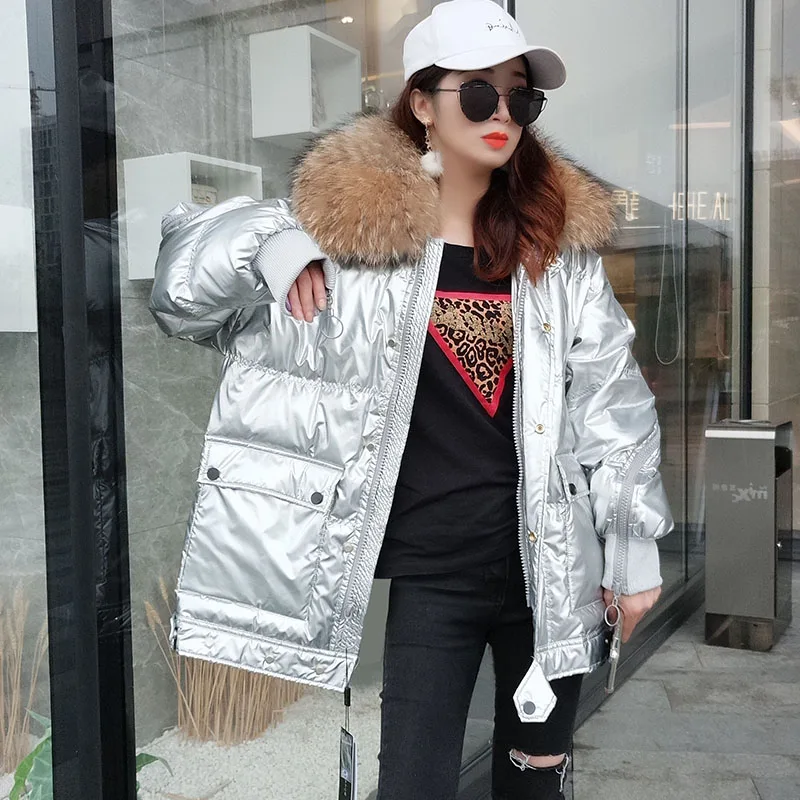 Winter Jacket Women Down Natural raccoon fur Collar Coat Loose Short White Duck Down Real Fur Coat Thick Warm Down Parka