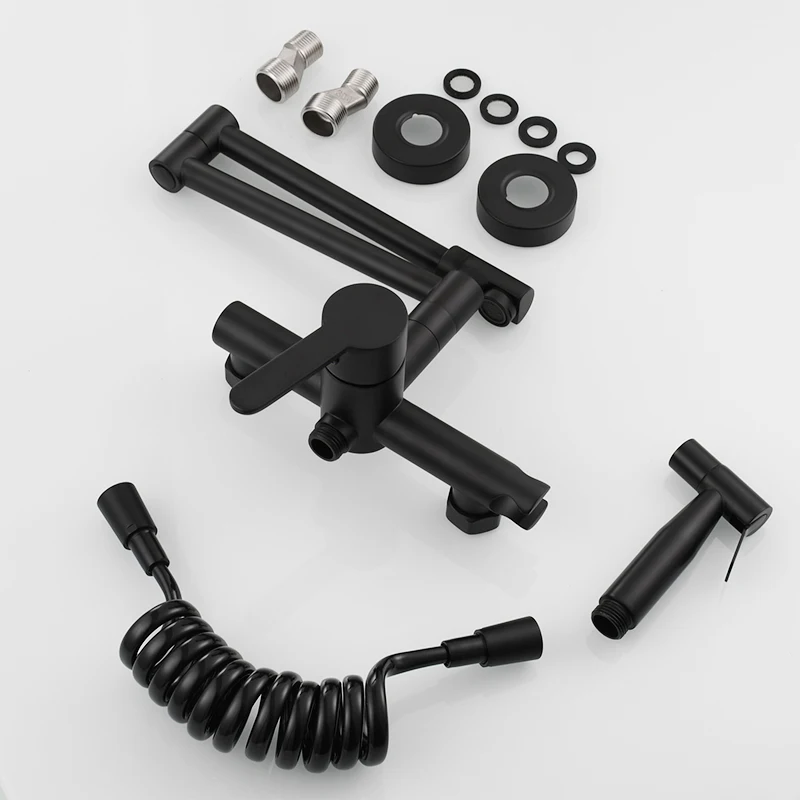 Brass Matte Black Wall Mounted Kitchen Faucet Pull Down Cold Hot Water With Spout 360 Rotation Dual Function Sprayer Taps ML1343