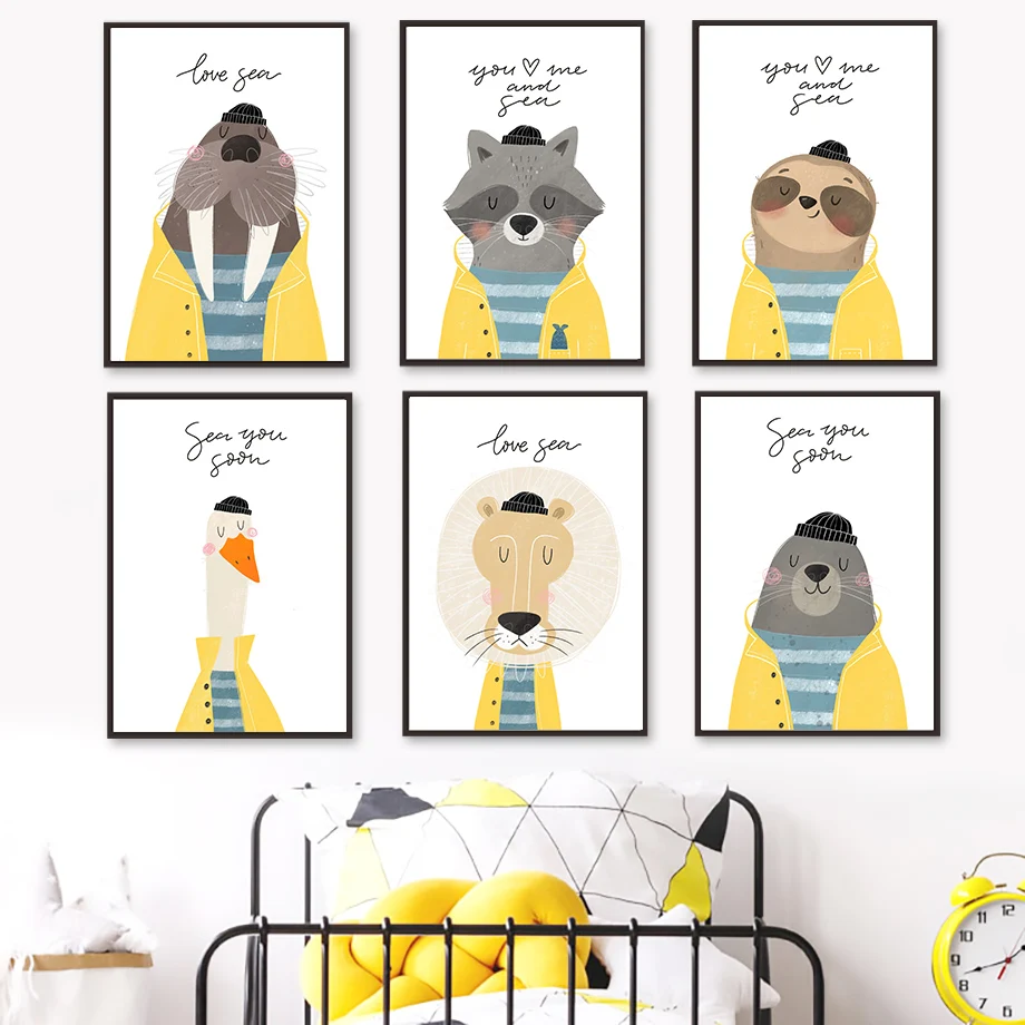 

Goose Lion Seal Raccoon Yellow Coat Canvas Painting Nordic Cartoon Animal Posters and Prints Wall Art Pictures for Baby Room
