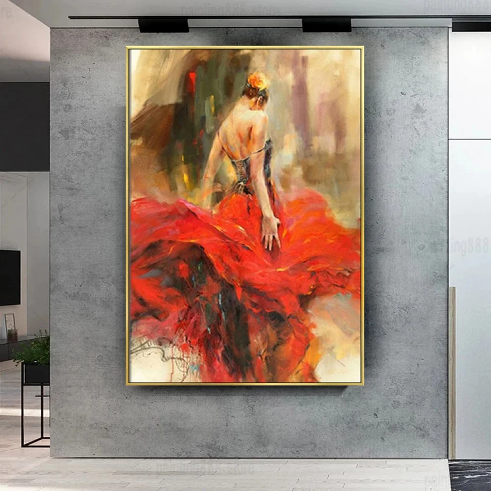 Artist Hand-Painted Spanish Dancer Oil Paintings Red Flamenco Woman Canvas Painting Tango Latin Lady Wall Picture Bedroom Decor