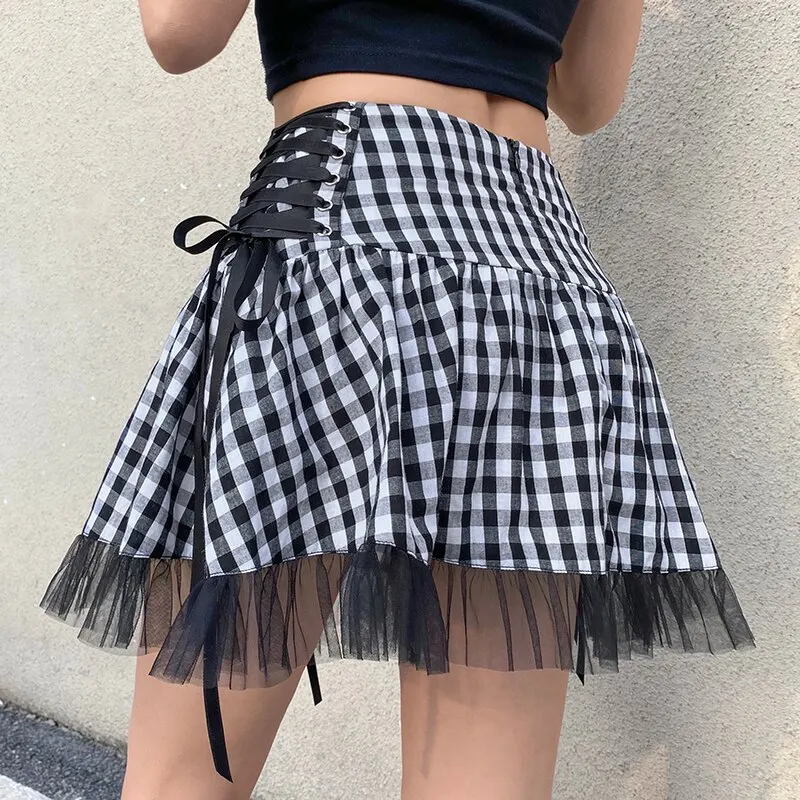 2021 New Women's Fashion Skirts Lace-up Hight Waist Mesh Sheer Stitching Mini Skirts Streetwear Ladies A-Line Skirts