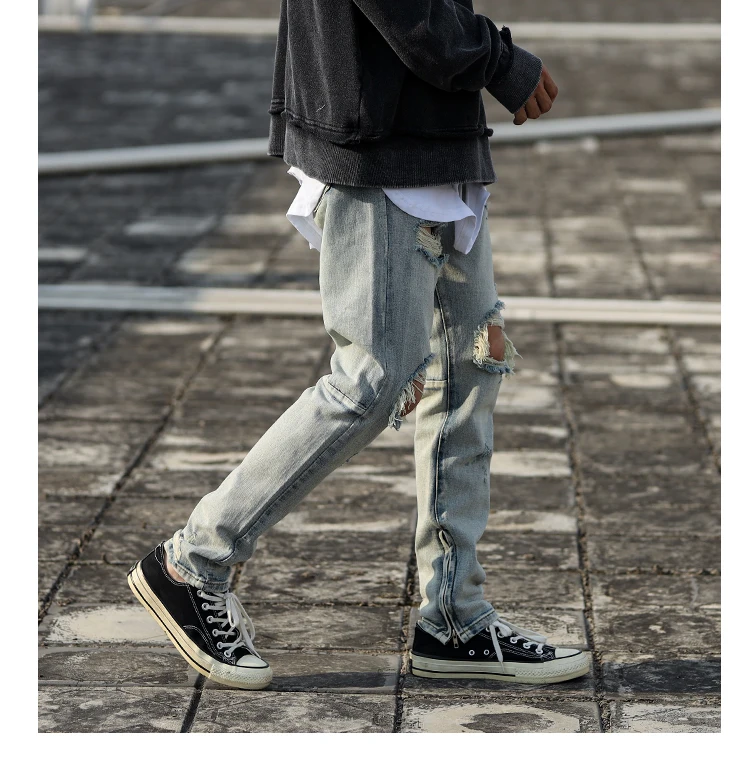ICCLEK Autumn Retro High Street Jeans Washed Distressed Slim Pants Hip Hop Ripped Jeans Slim Men's Casual Pants Patchwork Jeans