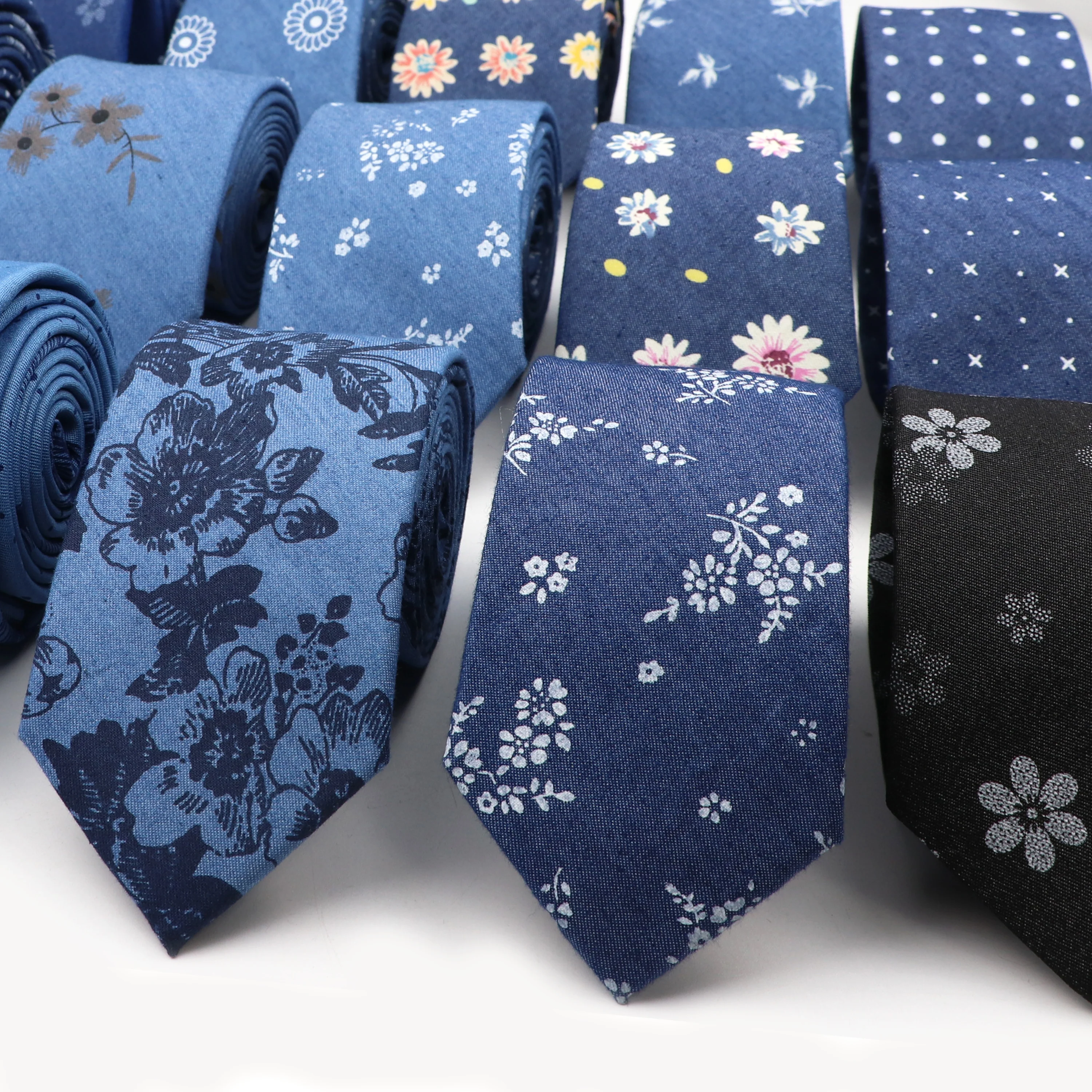 Cotton Denim Ties Men's Print Floral Dot Blue Handmade Tie For Wedding Business Casual Party 7CM Narrow Funny Cravate Gift