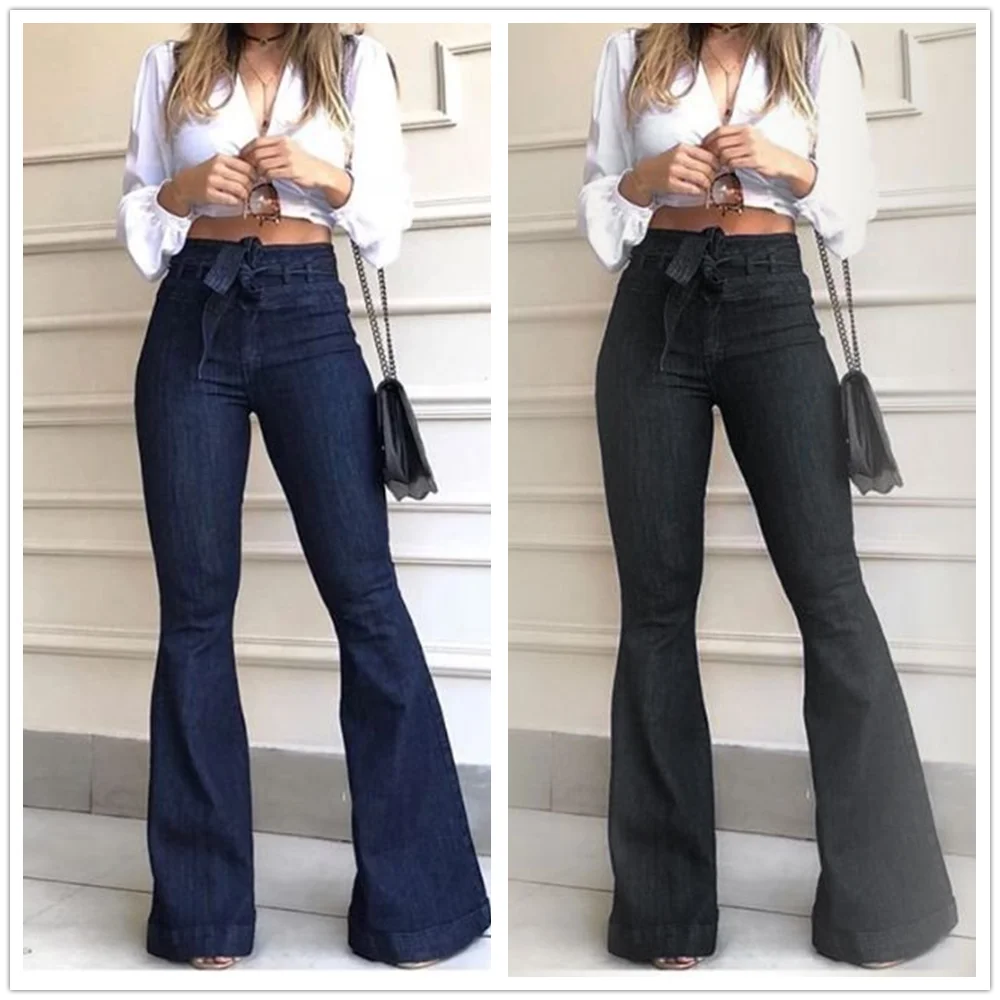 

Denim Flared Pants for women High Waist lace-up Jeans casual Trousers Female spring and autumn clothing S-2XL Drop Shipping