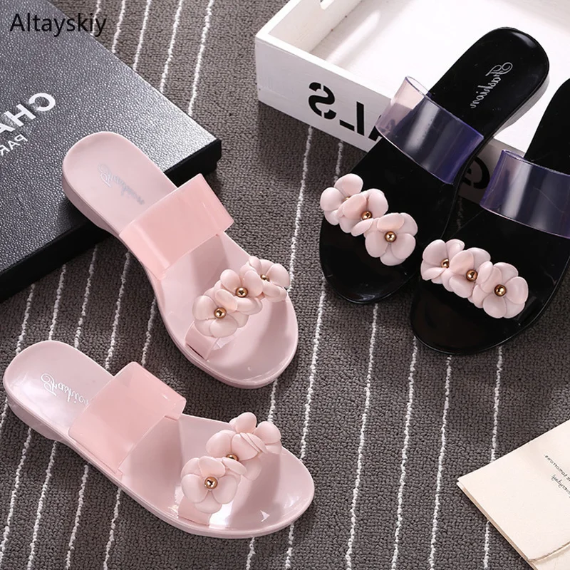 Summer Slippers Women Sweet Flowers Flat with Jelly Shoes Beach Kawaii Womens Waterproof Female Leisure Trendy Outdoor Slides