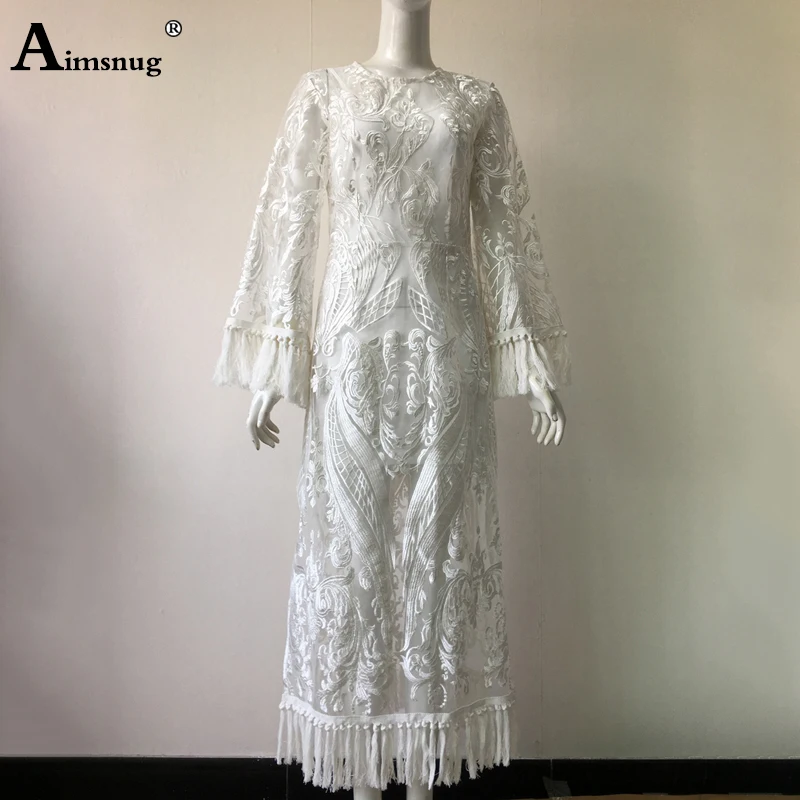 Aimsnug Boho Lace Solid White Perspective Thin Female The Dress Round Neck Embroidery Tassel Bilateral split 2019 Women Dresses