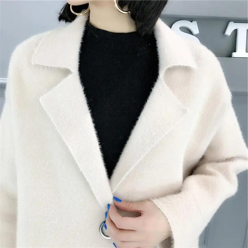 Artificial Mink Cashmere Comfortable Long Sweater  Winter Warm Cardigans knit Full Sleeve Office Lady Soft Tops Coat